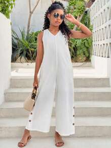 SHEIN Tween Girls Vacation Casual Chic Street Style Solid Color Jumpsuit - White - View 1