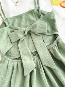 SHEIN Teen Girls' Green Textured Bubble Chiffon Layered Ruffled Cinched Waist Romper Jumpsuit, Leisure Holiday Style, Spring Summer - Green - View 5