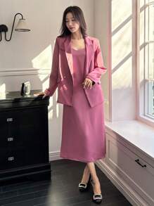 DAZY 2pcs Elegant & Sophisticated Blazer And Spaghetti Strap Dress Suit Set - Coral Pink - View 4