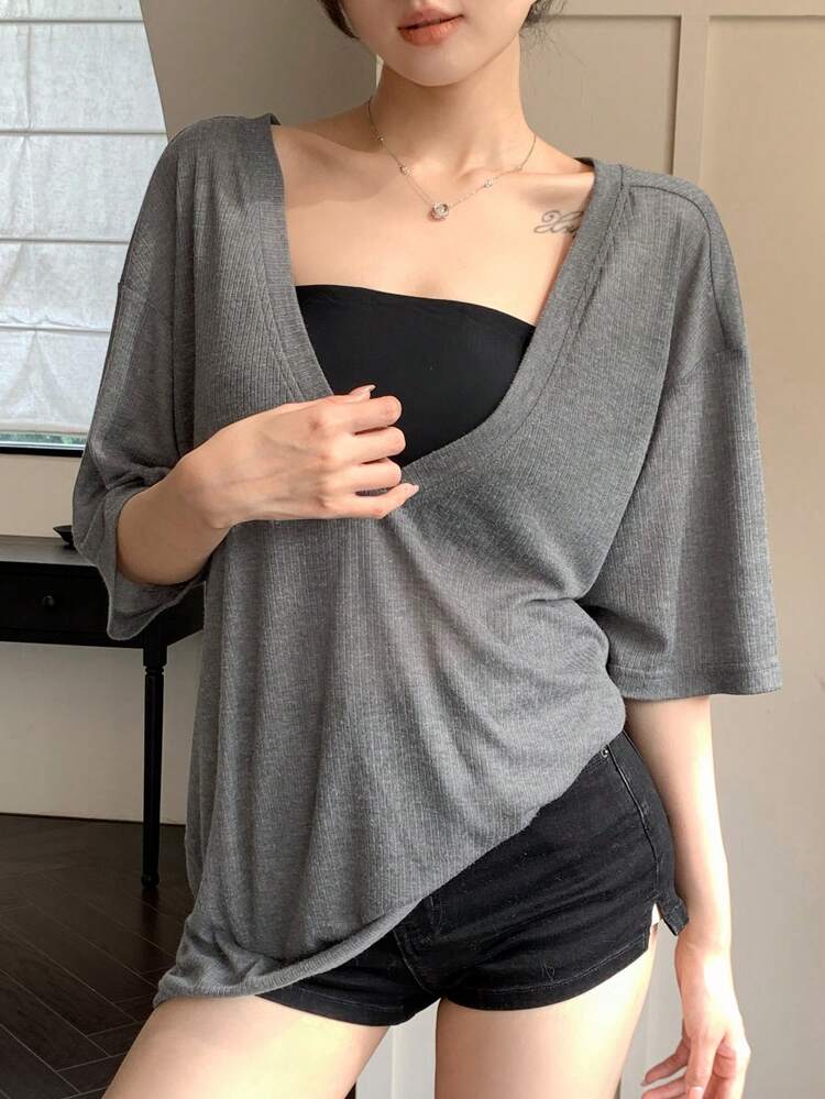 Loose Minimalist Deep V-Neck Long Short Sleeve Women T-Shirt Summer Preppy Tops Going Out Tops Women