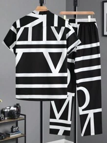 Manfinity Homme 2pcs Men's Front Button Short Sleeve Printed Casual Top And Pants Set - Black and White - View 2
