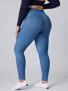 SHEIN Essnce Plus Size Solid Color Stretchy Knit Skinny Jeans, Simple And Fashionable For Casual Daily Wear - Light Wash - View 2