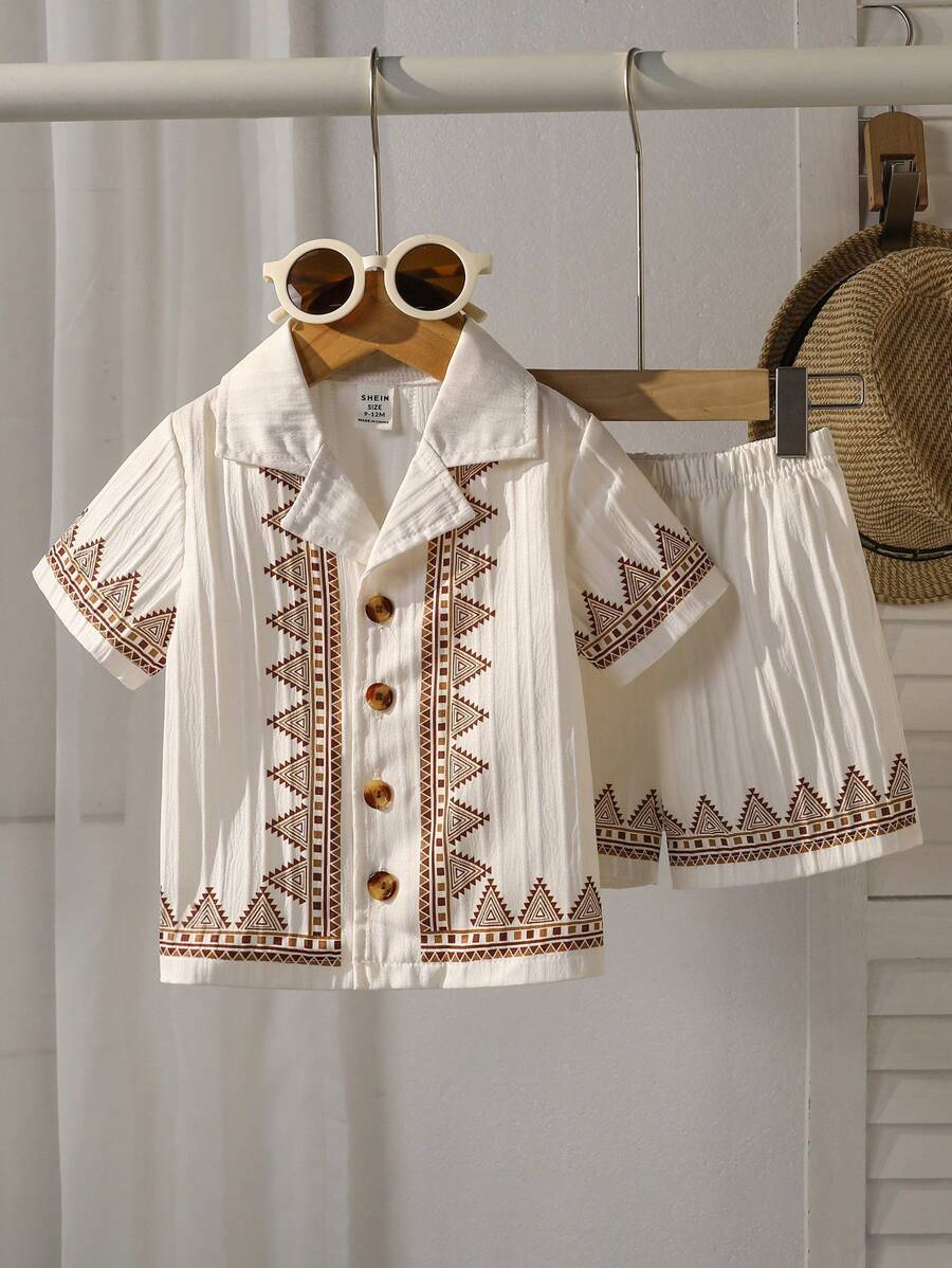 SHEIN Playful Pals Baby Boys Geometric Pattern Patchwork Collar Short Sleeve Shirt & Shorts 2 Pieces Set - Apricot - View 1