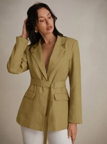 Aveloria Modichic Blazer de negocios de estilo francés sencillo y elegante con cinturón en la cintura y mangas largas, adecuado como uniforme de maestros y ropa de trabajo - Amarillo - Ver 6