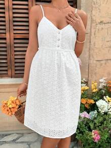 SHEIN Pregnant Women Solid Color Spaghetti Strap Front Button Casual Short Dress - White - View 4