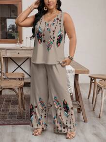 EMERY ROSE 2pcs Plus Size Women Summer Sleeveless Crew Neck Set,Holiday Outfits Boho Suitable For Going Out Fall Clothes,Spring/Vacation - Khaki - View 5