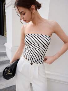 BizChic Women's Casual Commuting Striped Asymmetrical Hem Tube Top - White - View 2