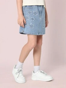 SUMWON Girls Denim Star Applique Skort A-Line Summer Skirt With White Star Patches Classic Design Spring Fashion Play Wear Party Beach - Baby Blue - View 1