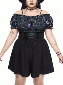 ROMWE Goth Bộ đồ liền thân in họa tiết hở vai tay loe viền bất đối xứng cỡ lớn cho nữ, thích hợp mặc đi biển và đi nghỉ - Nhiều màu - Xem 8
