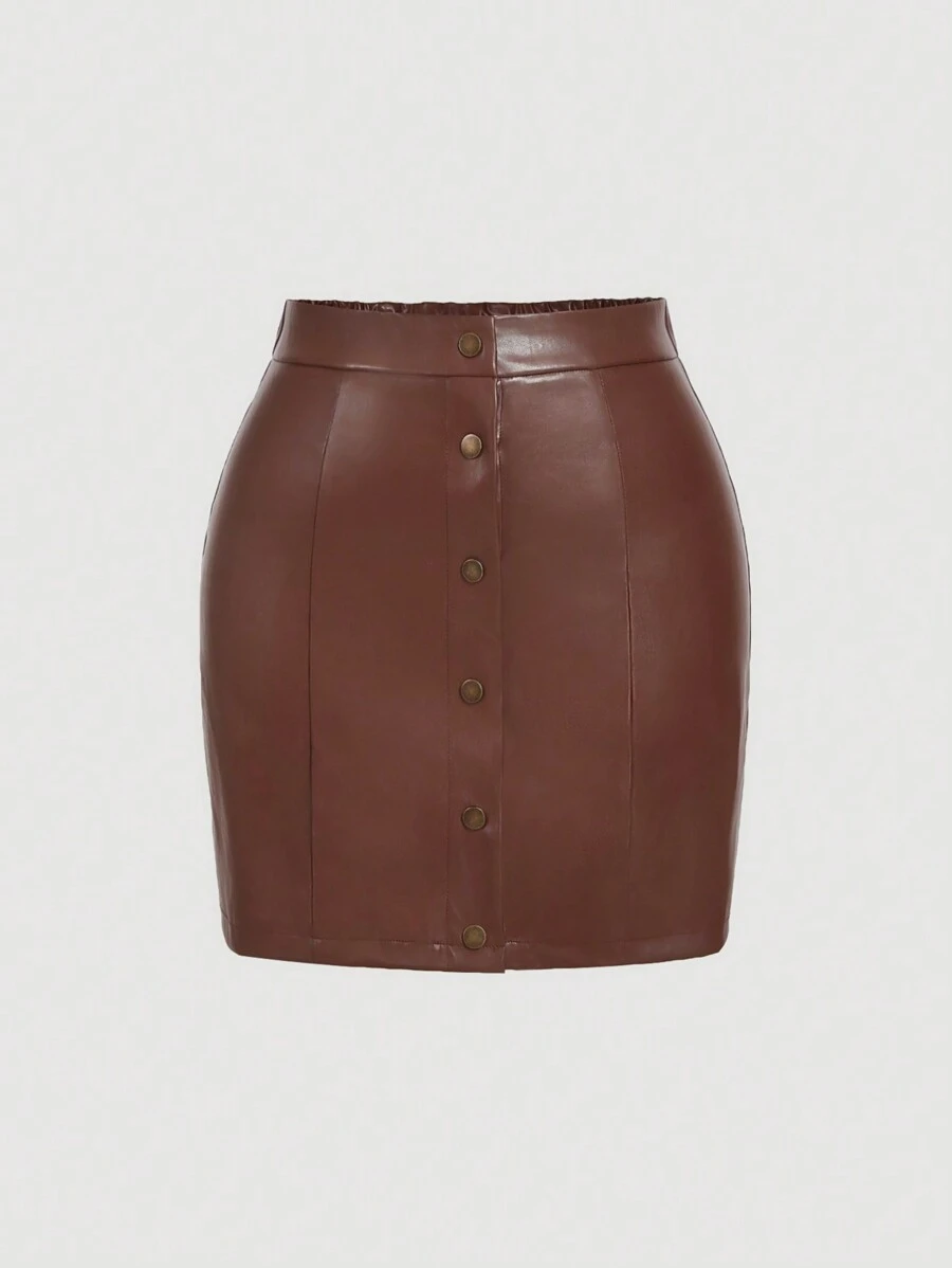 SHEIN MOD Váy mini da PU màu nâu cỡ lớn - Lạc đà - Xem 1