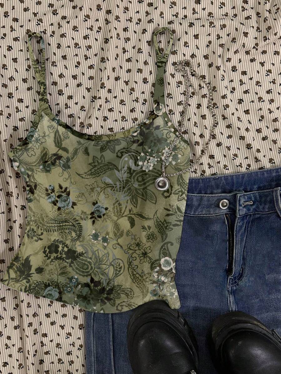 Attitoon 女士休闲性感复古风格吊带背心：复古漩涡、复古碎花、复古罗马、摇滚风格、橄榄绿、深色风格、朋克风格、音乐节风格