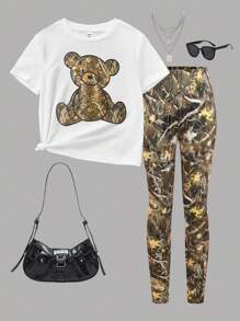 Conjunto de 2 piezas de estilo urbano cómodo y fresco para niñas preadolescentes, con camiseta sobredimensionada de manga corta de punto y estampado de oso camuflaje y pantalón de legging con estampado completo de ramajes, adecuado para uso diario casual y escolar, vuelta al colegio - Verde militar - Ver 1