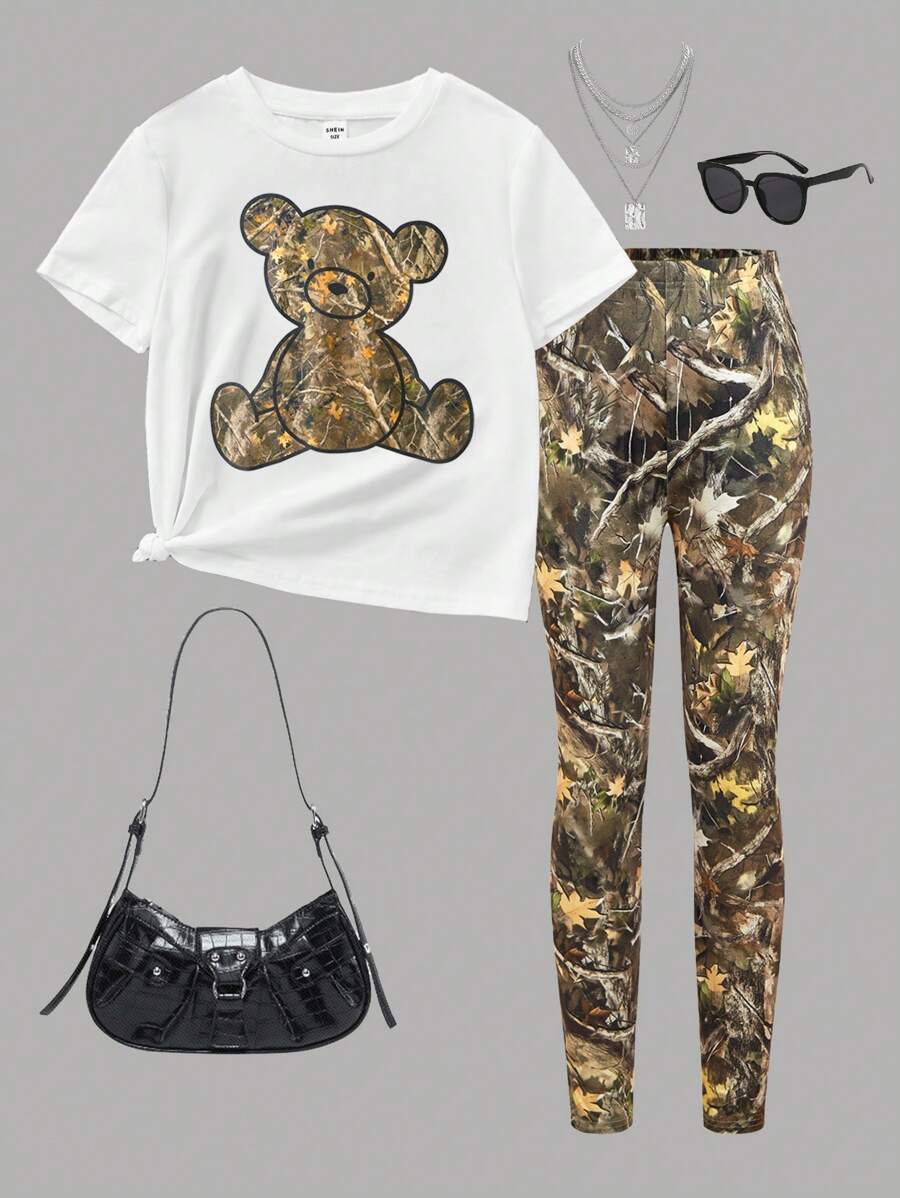 Conjunto de 2 piezas de estilo urbano cómodo y fresco para niñas preadolescentes, con camiseta sobredimensionada de manga corta de punto y estampado de oso camuflaje y pantalón de legging con estampado completo de ramajes, adecuado para uso diario casual y escolar, vuelta al colegio - Verde militar - Ver 1
