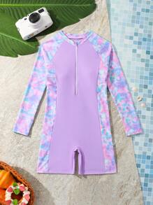 SHEIN 1 件 Tween Girl' 连体泳衣，可爱印花青少年海滩度假运动泳装 - 淡紫色 - 查看 3