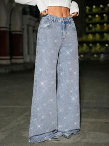 SHEIN ICON 女式前扣口袋简约休闲低腰水钻镶嵌 Y2K 情人节闪光亮片宽松女式牛仔裤音乐会女装，秋季女装 - 淺色水洗藍 - 查看 6