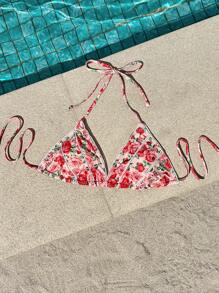 SHEIN VCAY Women's Halter Neck Backless Printed Tie-Up Bikini Top For Summer Beach Vacation - Pink - View 3