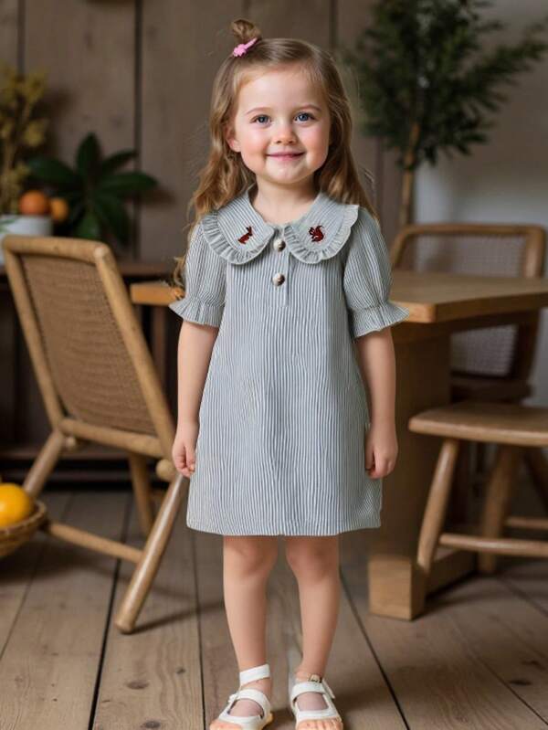Vintaside Kids Baby Girl Pastoral Style Squirrel Embroidery Short Sleeve Dress, Suitable For Outing, Casual Wear, Versatile For Various Occasions, Spring/Summer