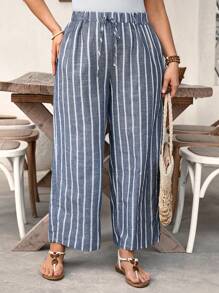 SHEIN LUNE Plus Size Women Linen Striped Elastic Waist Pants, Spring/Summer