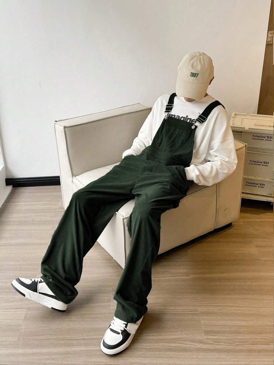 Manfinity Hypemode Loose Men's Dungarees Jumpsuit With Pockets - Army Green - View 1