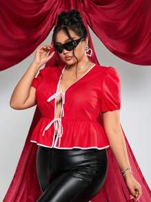 SHEIN ICON Plus Size Red Contrast Bow-Knot V-Neck Babydoll Shirt, Valentine's Day Date - Burgundy - View 5