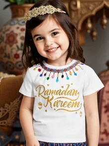 女孩休闲圆领字母印花短袖 T 恤 - 白色 - 查看 1