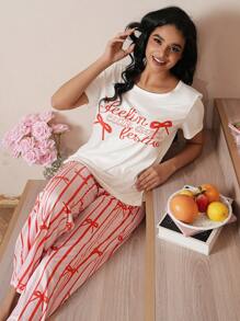 女士字母、蝴蝶结和条纹印花睡衣套装，适合情人节 - 白色 - 查看 5