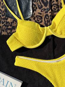 SHEIN Swim 简约时尚休闲比基尼，带钢支撑，适合日常和海滩穿着 - 黃色 - 查看 3