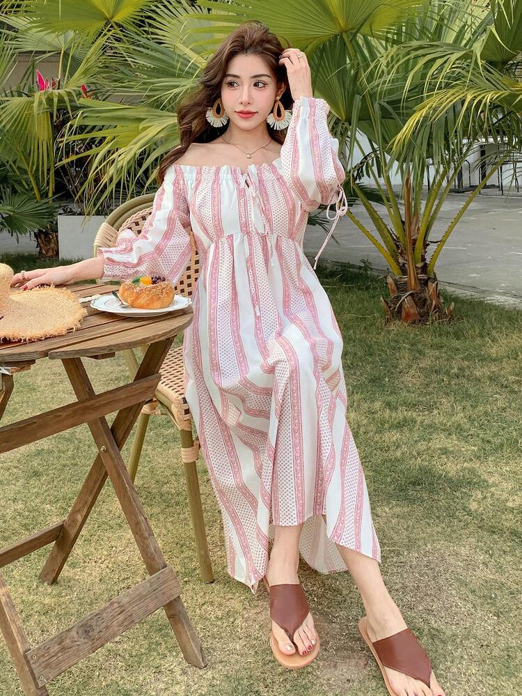 1pc Women's Floral Print Off Shoulder Tie-Up Slit Midi Dress,Fall Dress Long Sleeve Dress Boho