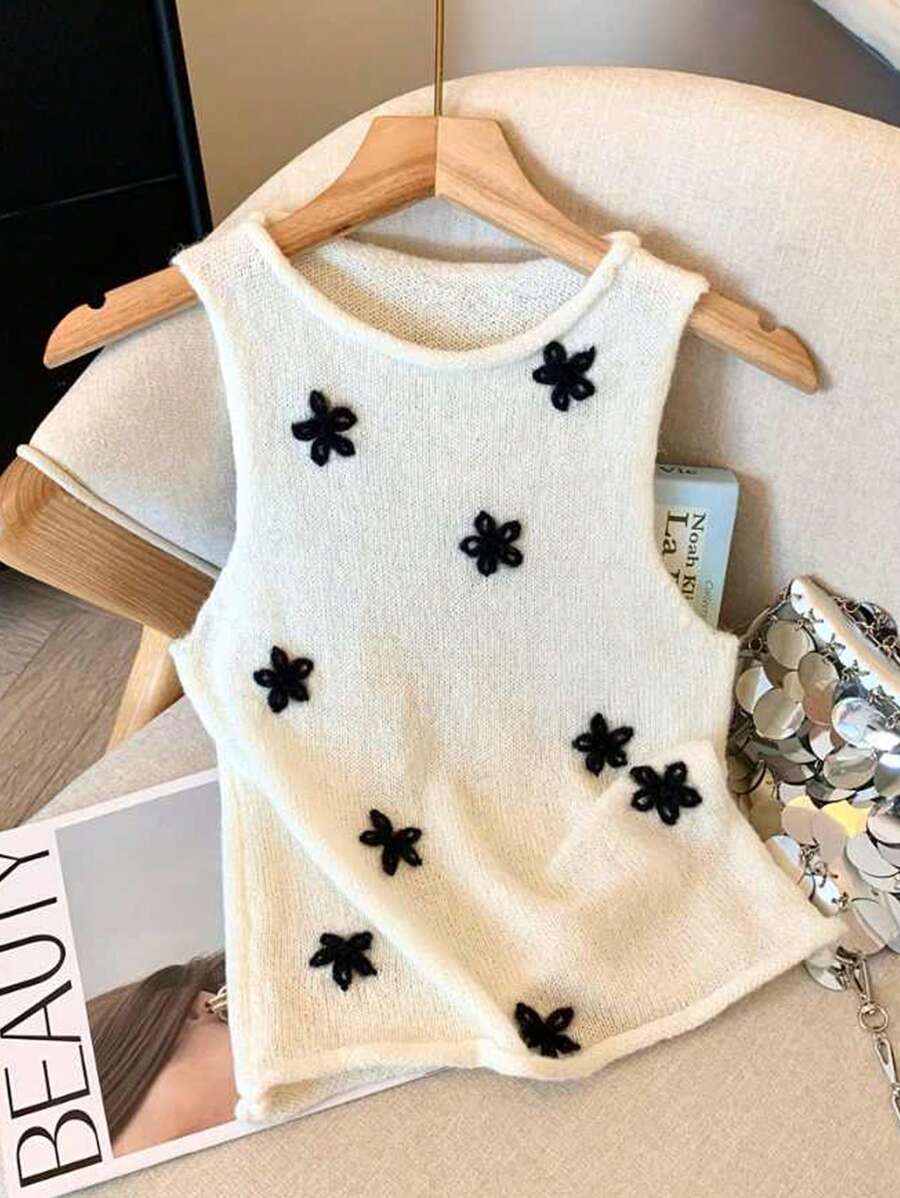 Women 3D Flower Decor Sleeveless Knitted Top - Multicolor - View 1