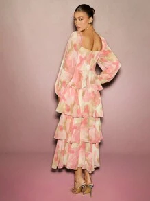 L'Amorae Elegant Floral Print Ruffle Hem Dress - Multicolor - View 2
