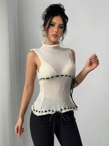 SHEIN Unity 女士百搭吊带背心上衣，简约优雅针织背心衬衫，百搭通勤风格 - 杏色 - 查看 3