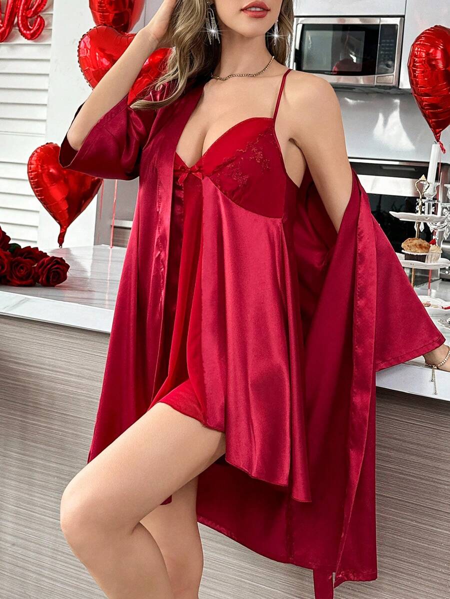 Lace Patchwork Deep V-Back Faux Silk Cami Nightgown And Robe Set