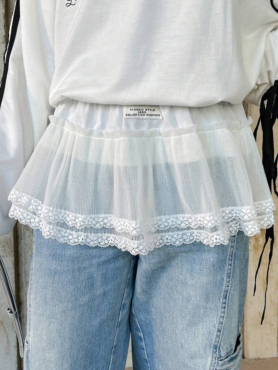 FRIFUL 女士透明超短荷叶边蕾丝下摆迷你裙、蛋糕裙 - 白色 - 查看 1