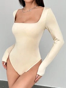 Flirla 1 件女士棕色长袖紧身衣，修身简约风格，通勤百搭 - 杏色 - 查看 5