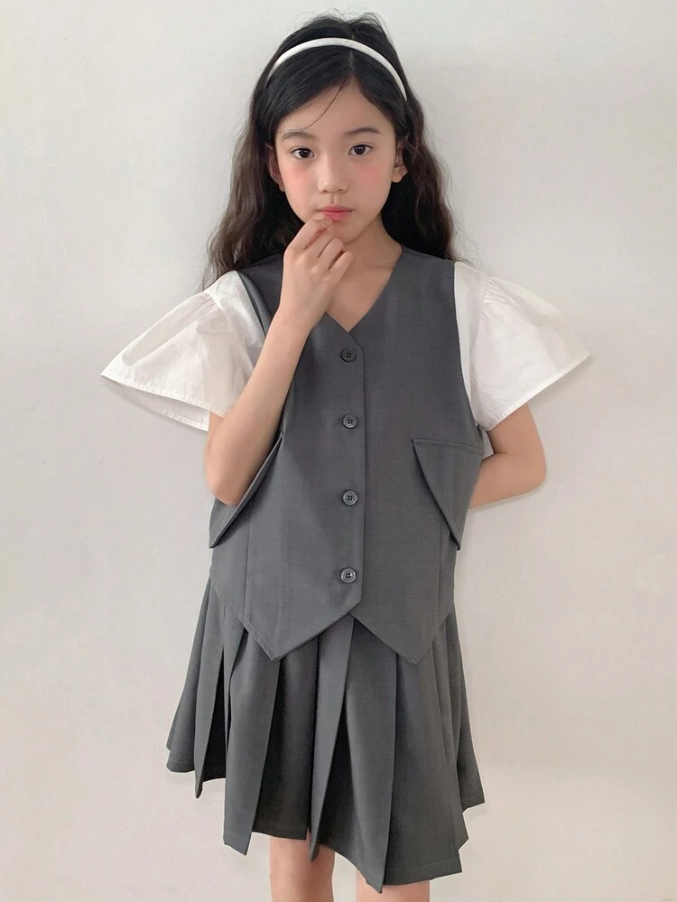 Tween Girl Button Front Minimalist Top And Mini Skirt Casual 2 Pieces Set,Girls Summer Outfits,Back To School Clothes
