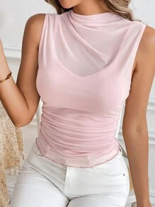 SHEIN Clasi Women's Chic Elegant Sexy Sleeveless Camisole, Pink Sheer Mesh Overlay For Valentines Day, Layered Short Tank Top, Fitted Pleated Knit Shell With Spaghetti Strap Neckline