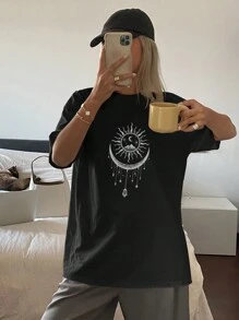 DAZY 女士纯色圆领长款宽松短袖 T 恤图案 T 恤超大码 T 恤