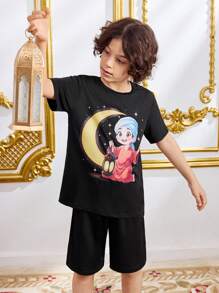 2pcs Tween Boy Casual Retro Printed T-Shirt And Shorts Set, Daily Wear - Black - View 6