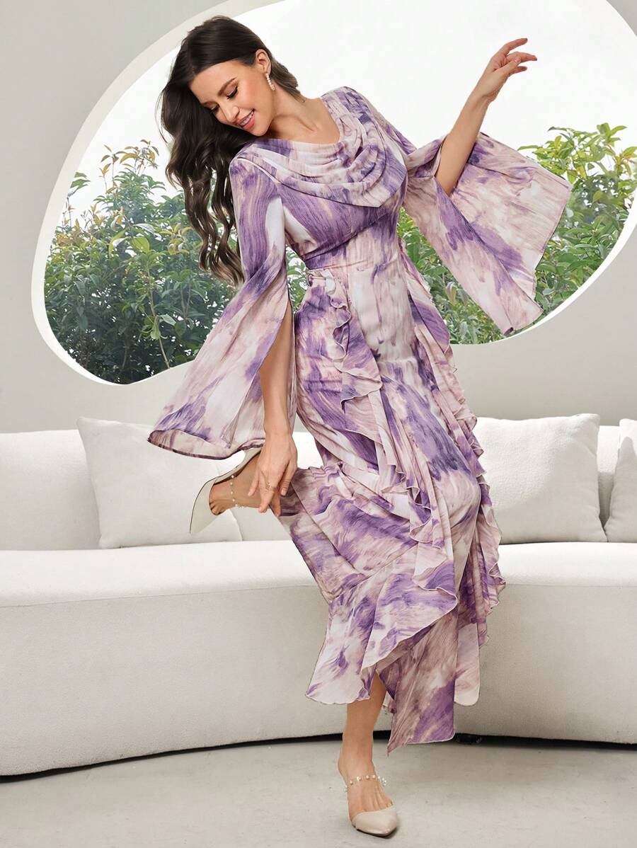 Modelyn Women's Tie-Dye Print Draped Neck Split Long Sleeve Dress, Elegant