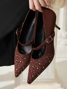 CUCCOO CHICEST Brown Pointed Toe Rhinestone Velvet Comfortable Versatile Strap Low Kitten Heel Flats