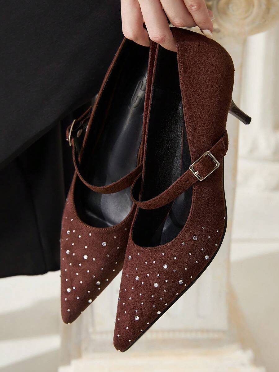 CUCCOO CHICEST Brown Pointed Toe Rhinestone Velvet Comfortable Versatile Strap Low Kitten Heel Flats