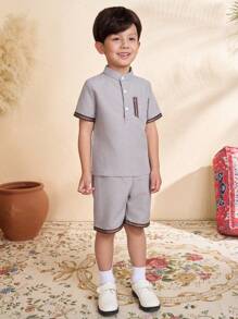 2pcs/Set Young Boy Striped Tape Trim Short Sleeve Top And Shorts Set - White - View 3