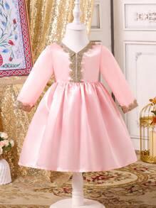 SHEIN Ramadanowa sukienka dla dziewczynki, niemowlęcia, malucha, 0-3 lat, klasyczna, elegancka, konserwatywna, pałacowa, w stylu kryształowym, satynowa, 3D, złota, koronkowa, dekolt w serek, długie rękawy