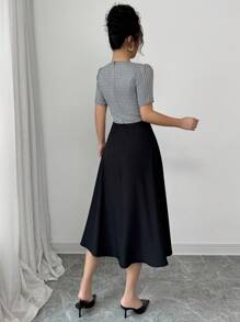 Selianne Váy chữ A tay ngắn cạp cao bằng vải tuýt màu tương phản màu đen, váy thanh lịch và trang trọng dành cho nữ - màu đen - Xem 2