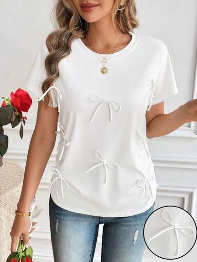 SHEIN LUNE Women's Elegant Casual Short Sleeve Dress, Crew Neck, Side Pleated, Bow Decor, Knitted Fabric, Spring/Summer