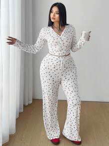 Flirla Bộ đồ ngủ dài tay in họa tiết dễ thương 2 món - trắng - Xem 5