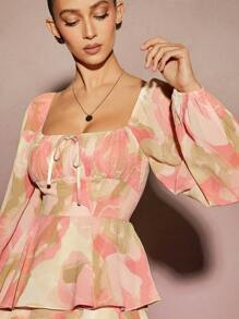 L'Amorae Elegant Floral Print Ruffle Hem Dress - Multicolor - View 5