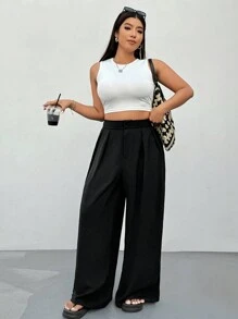 SHEIN EZwear Plus Size Office Women Outfits,Black High Waist Straight Leg Casual Pants, Minimalist & Stylish For Daily Wear,Spring Summer Clothes