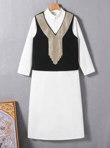 Tween Boys Patchwork Ribbon Vest And Long Sleeve Robe 2 Pieces Set - Multicolor - View 8