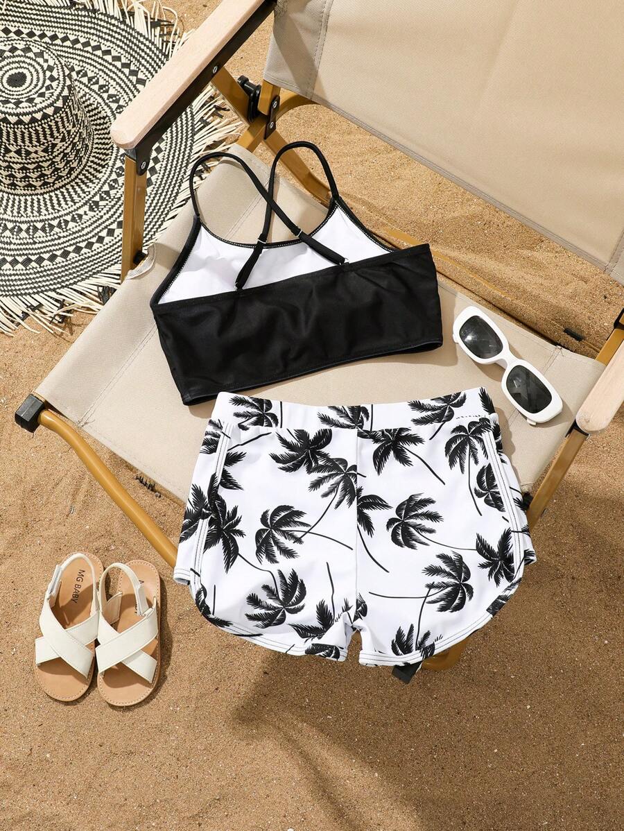SHEIN Tween Girl Swimwear 2 Pieces Set, Cute Front Coconut Tree Design Shorts - Multicolor - View 1